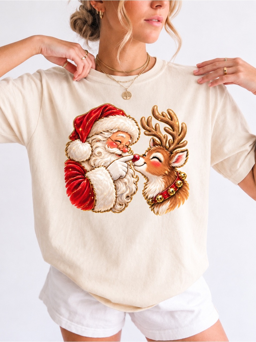 Retro Santa Reindeer Boop Christmas Gildan T-Shirt Ivory NWT